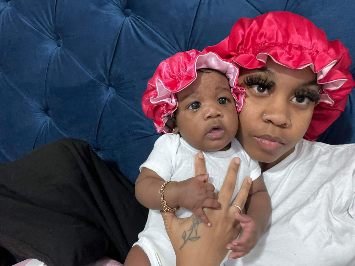 Hot pink + Light Pink Two-Toned Reversible Silk Satin Bonnet (Adult & Kids)