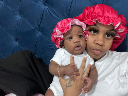 Hot pink + Light Pink Two-Toned Reversible Silk Satin Bonnet (Adult & Kids)