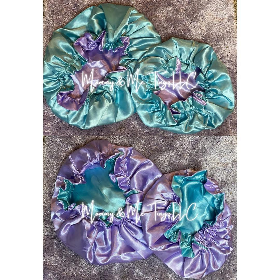 Teal + Purple Two-Toned Reversible Silk Satin Bonnet (Adult & Kids)