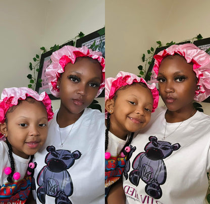 Hot pink + Light Pink Two-Toned Reversible Silk Satin Bonnet (Adult & Kids)