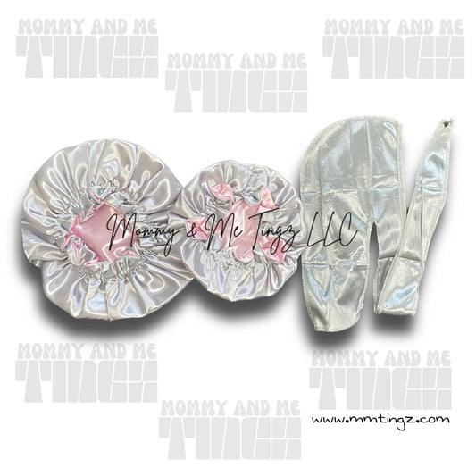 Light pink + Silver Two-Toned Reversible Silk Satin Bonnet (Adult & Kids)