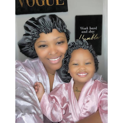 Black Two-Toned Reversible Silk Satin Bonnet (Adult & Kids)