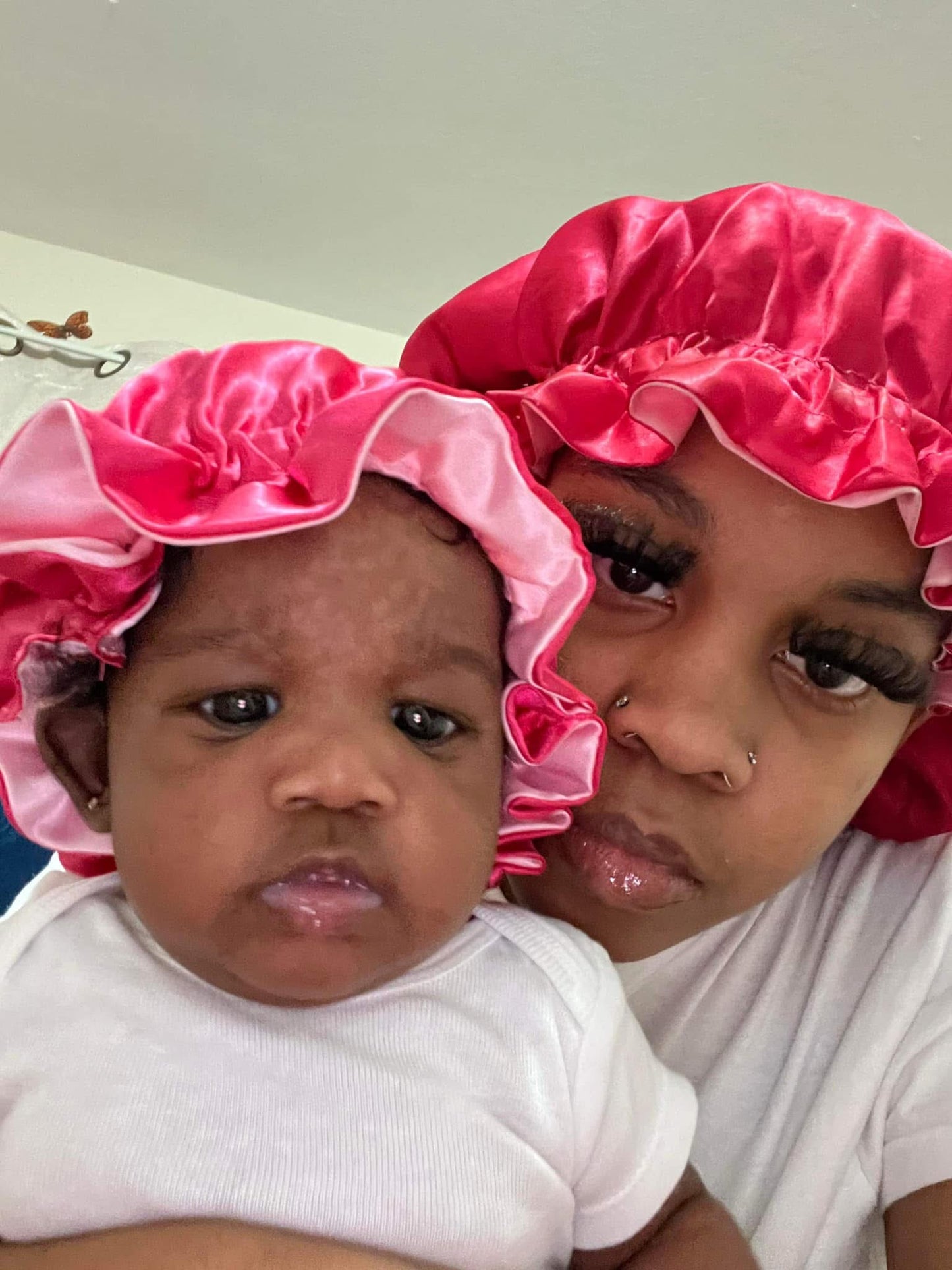 Hot pink + Light Pink Two-Toned Reversible Silk Satin Bonnet (Adult & Kids)