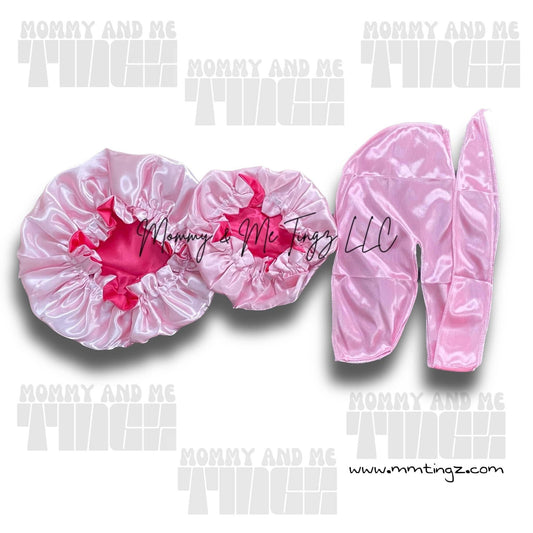 Hot pink + Light Pink Two-Toned Reversible Silk Satin Bonnet (Adult & Kids)