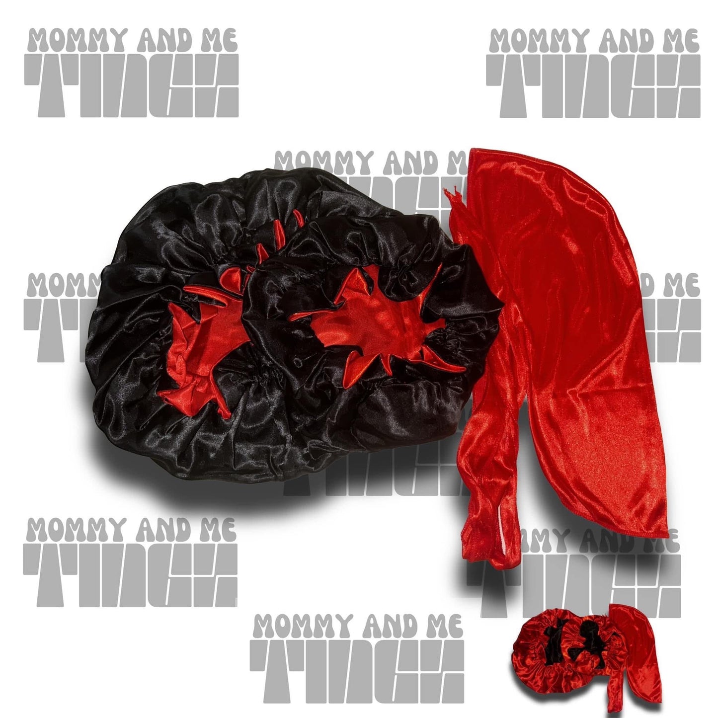 Black + Red Two-Toned Reversible Silk Satin Bonnet (Adult & Kids)