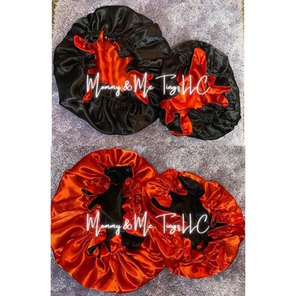 Black + Red Two-Toned Reversible Silk Satin Bonnet (Adult & Kids)