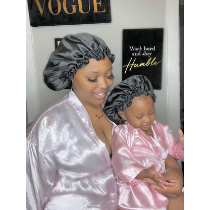 Black Two-Toned Reversible Silk Satin Bonnet (Adult & Kids)